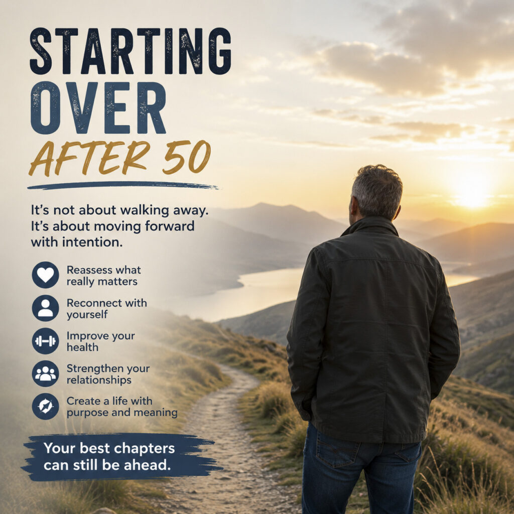 Man walking along a mountain path at sunrise, representing starting over after 50