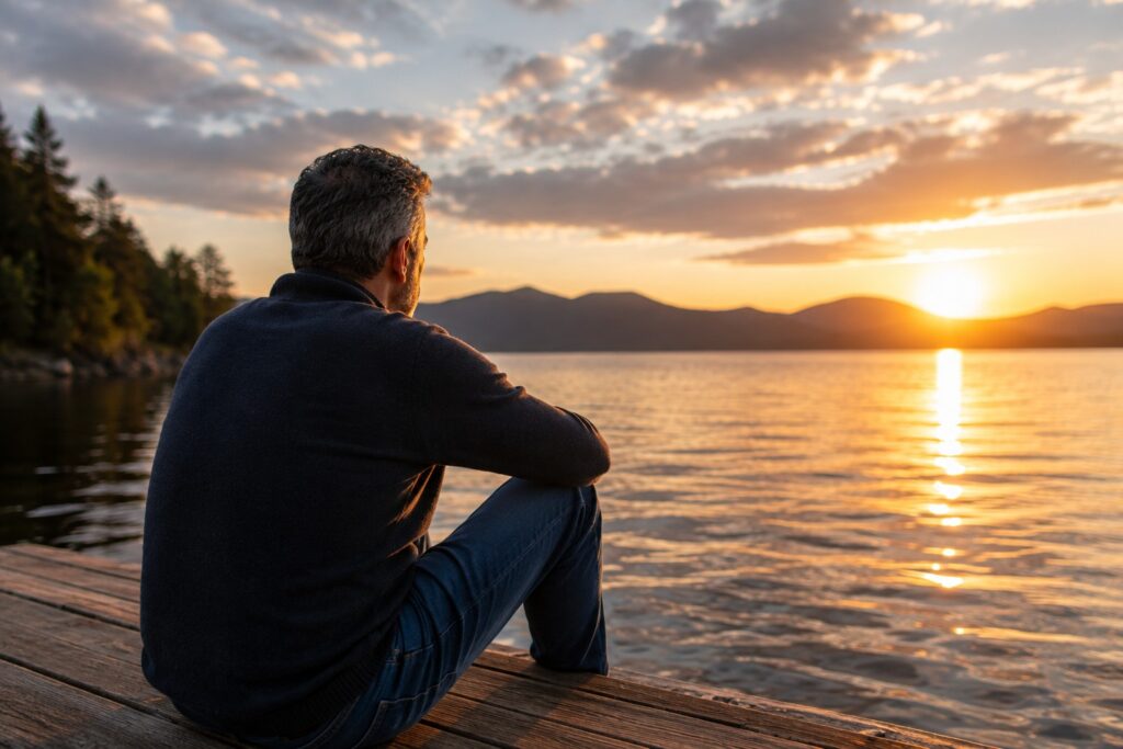 Man sitting alone by a lake at sunset, reflecting on life after 50.