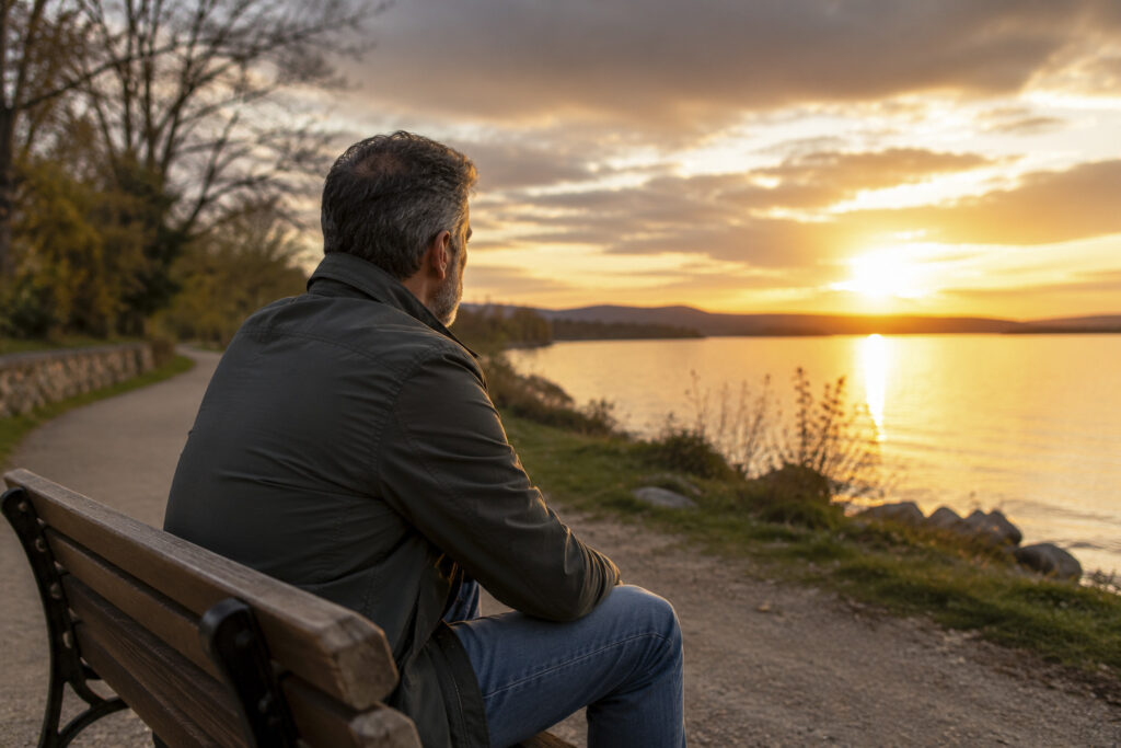 Man sitting alone beside a lake at sunset, reflecting on life after 50