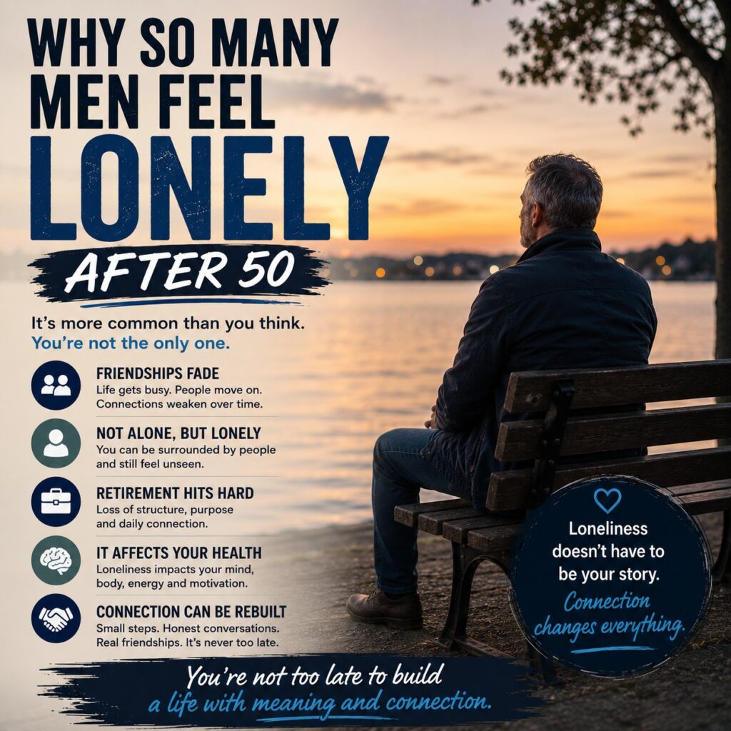 A middle-aged man sitting alone reflecting on loneliness and connection after 50