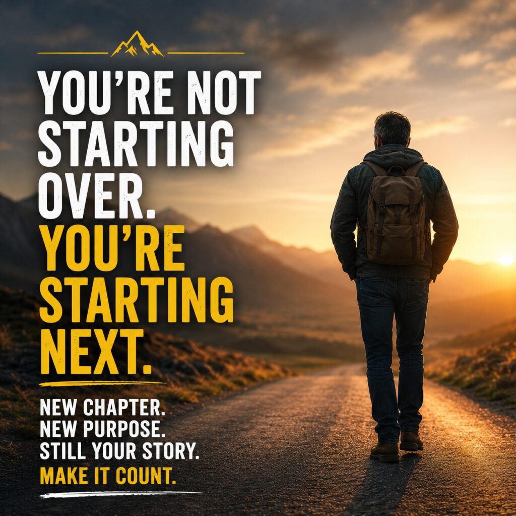 Middle-aged man walking towards a new beginning at sunrise