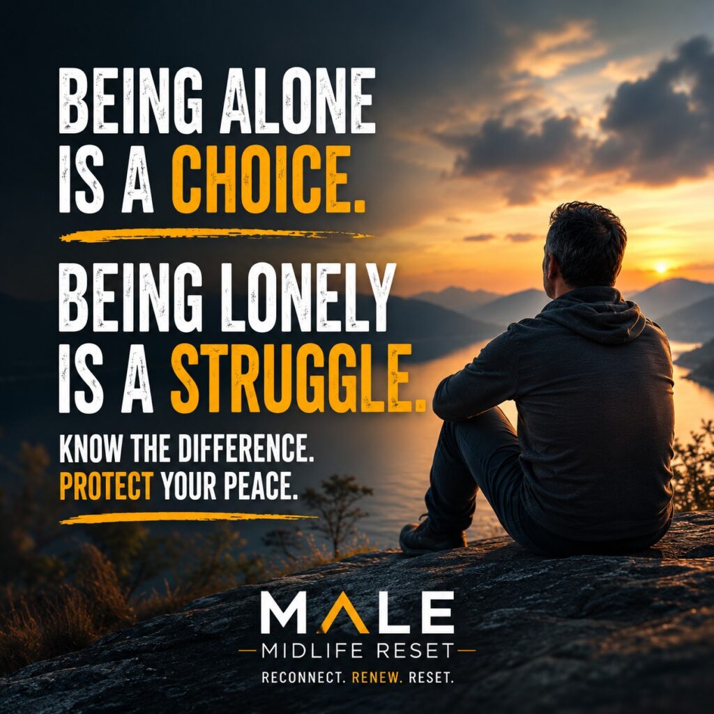 Man sitting alone by a lake reflecting on the difference between being alone and being lonely