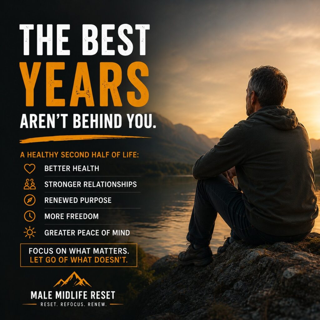 Man reflecting by a lake at sunset while considering a healthier second half of life