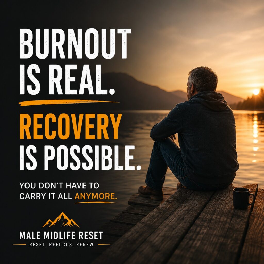 Man reflecting by a lake at sunset representing burnout and recovery in midlife