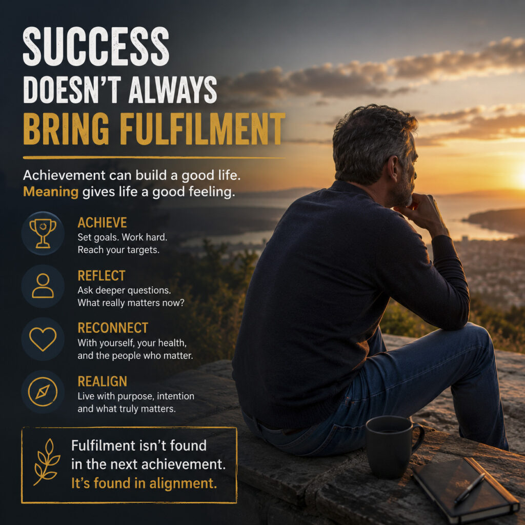 Man reflecting at sunset after achieving success