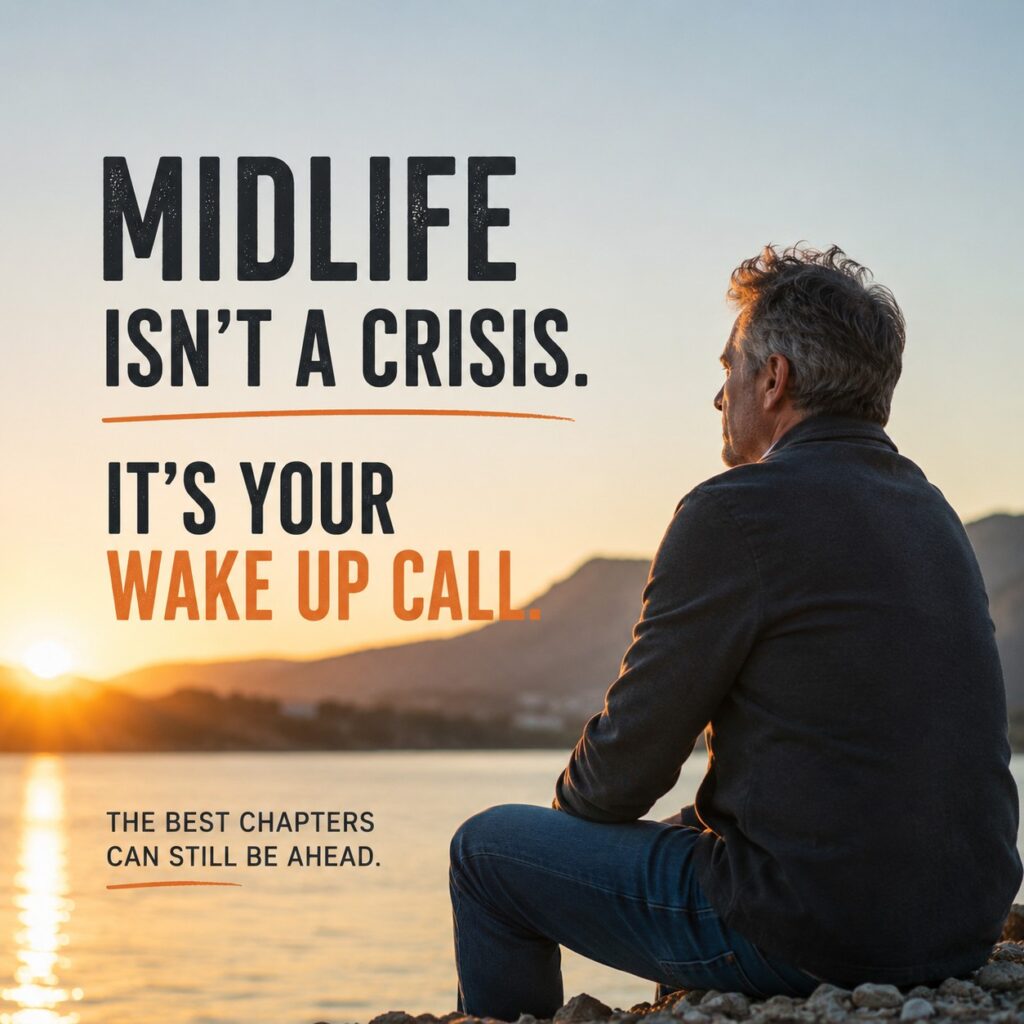 Man reflecting by a lake at sunset with the message “Midlife isn’t a crisis. It’s your wake up call.”