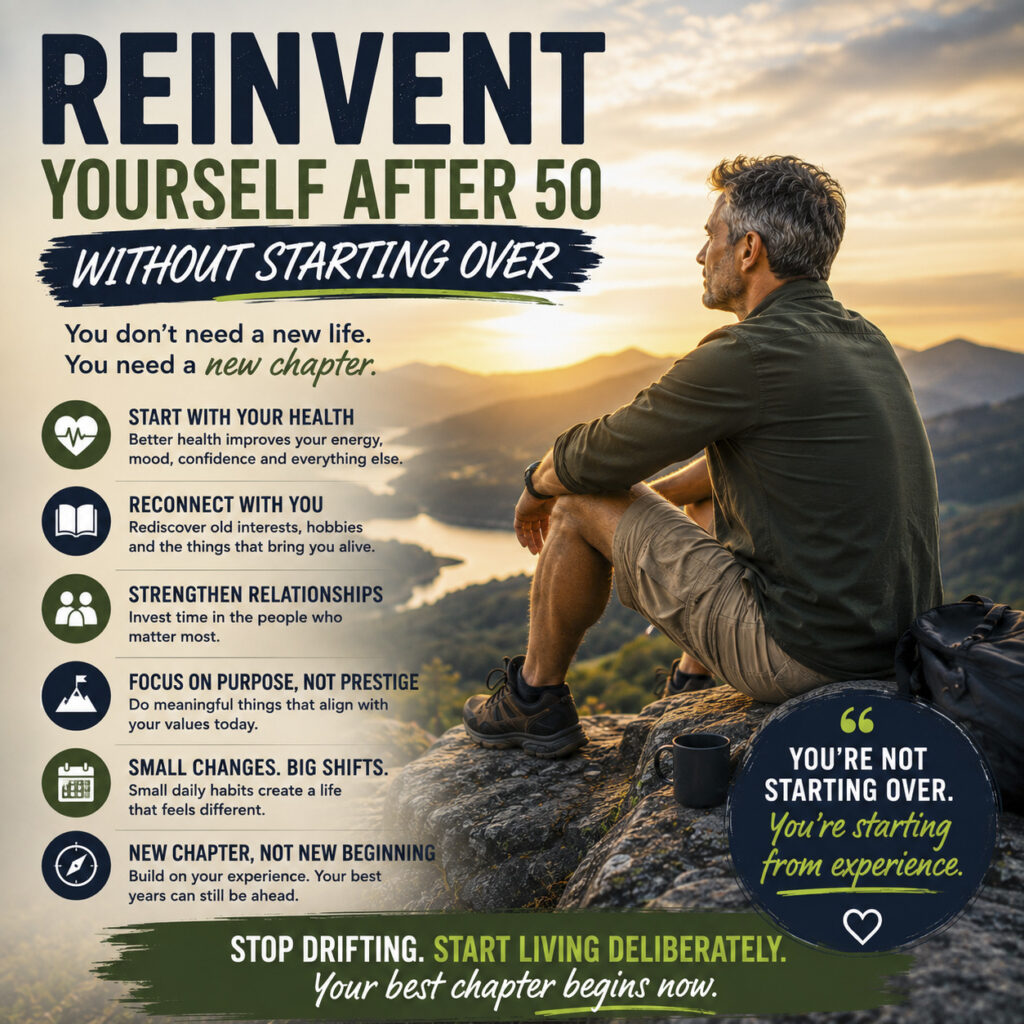 Man over 50 reflecting on a new chapter in life while overlooking a mountain landscape