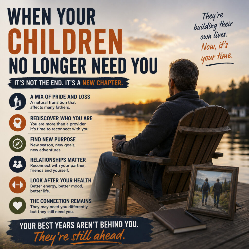 Father reflecting by a lake as his children become independent