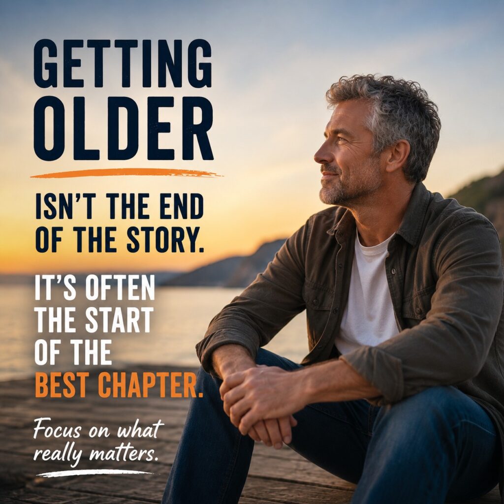 Middle-aged man looking toward the horizon at sunset, representing the benefits of getting older