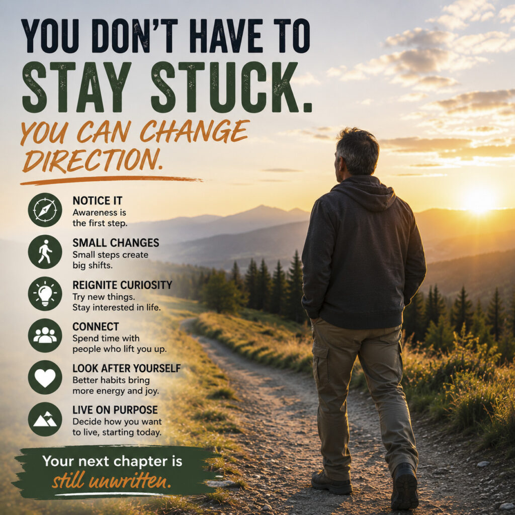 Man over 50 walking a mountain trail toward a new chapter in life