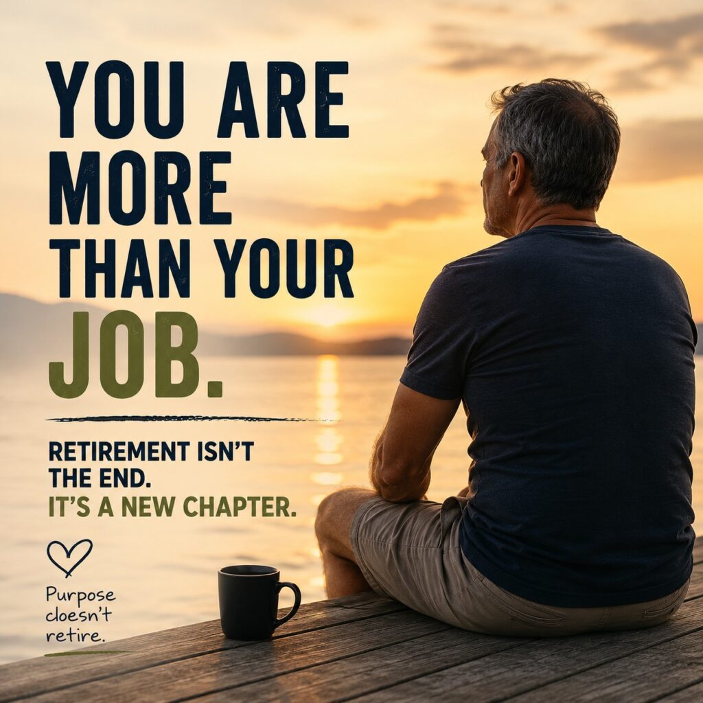 Man sitting by the water at sunset reflecting on retirement and a new chapter in life