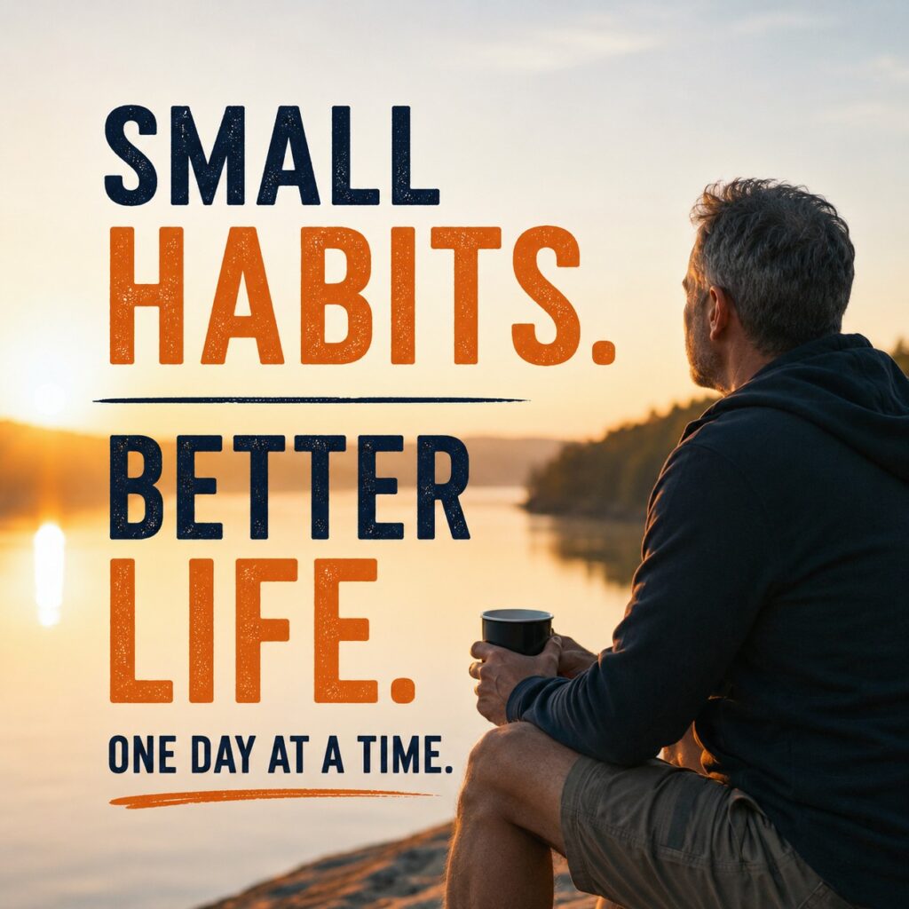Man sitting by a lake at sunrise with the message Small Habits Better Life