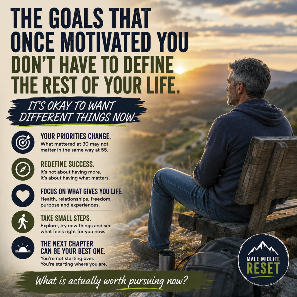 Man sitting on a bench overlooking a sunset valley, reflecting on redefining life goals during midlife