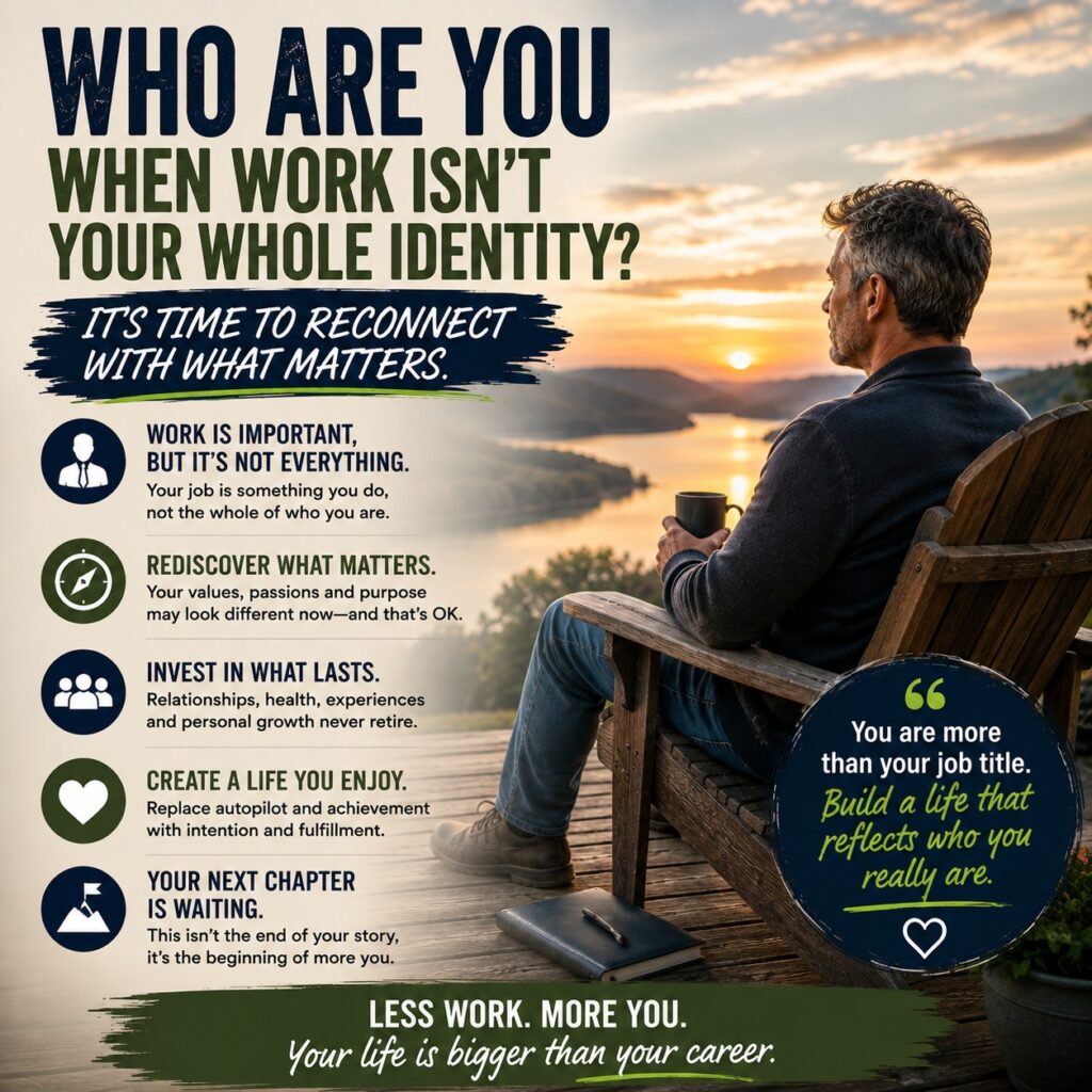 Infographic titled "Who Are You When Work Isn't Your Whole Identity?" featuring a man relaxing on a wooden deck overlooking a lake at sunset.