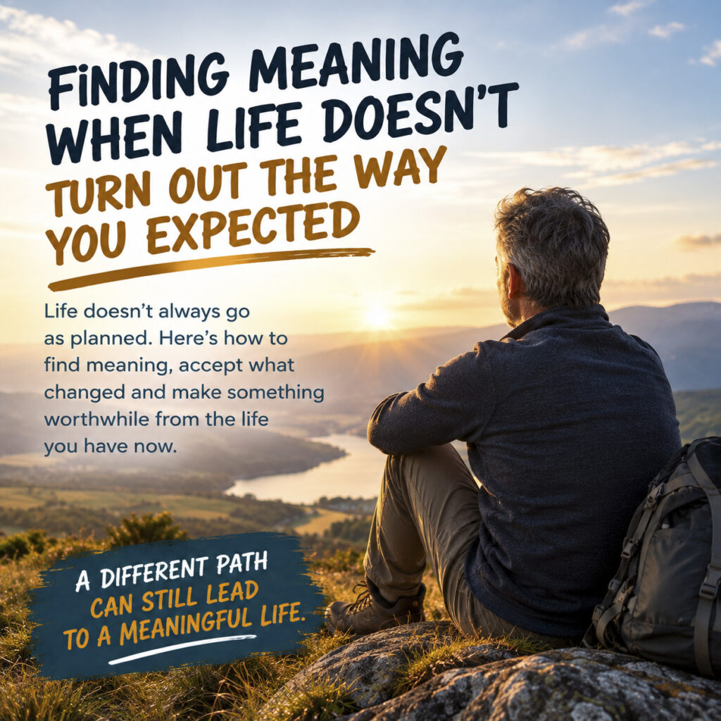 Man sitting on a rocky hilltop with a backpack looking over a mountain valley at sunset with text reading "Finding meaning when life doesn't turn out the way you expected."