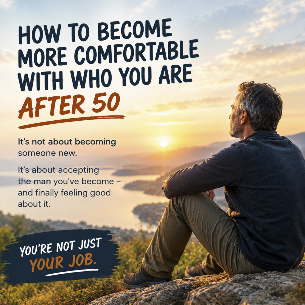 Man over 50 sitting on a rocky ledge looking out over a river landscape at sunset with text reading "How to become more comfortable with who you are after 50."