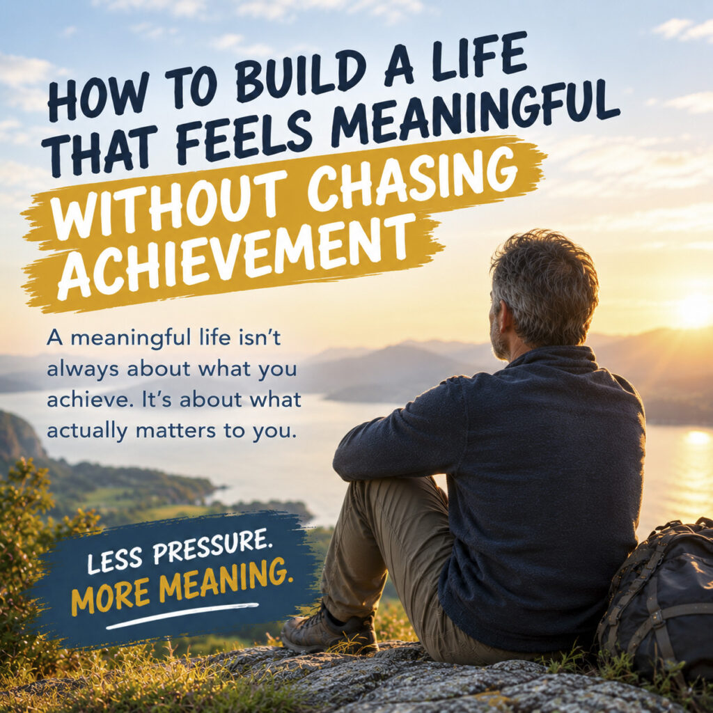 Man sitting on a rocky hilltop with a backpack looking over a mountain lake at sunset with text reading "How to build a life that feels meaningful without chasing achievement."