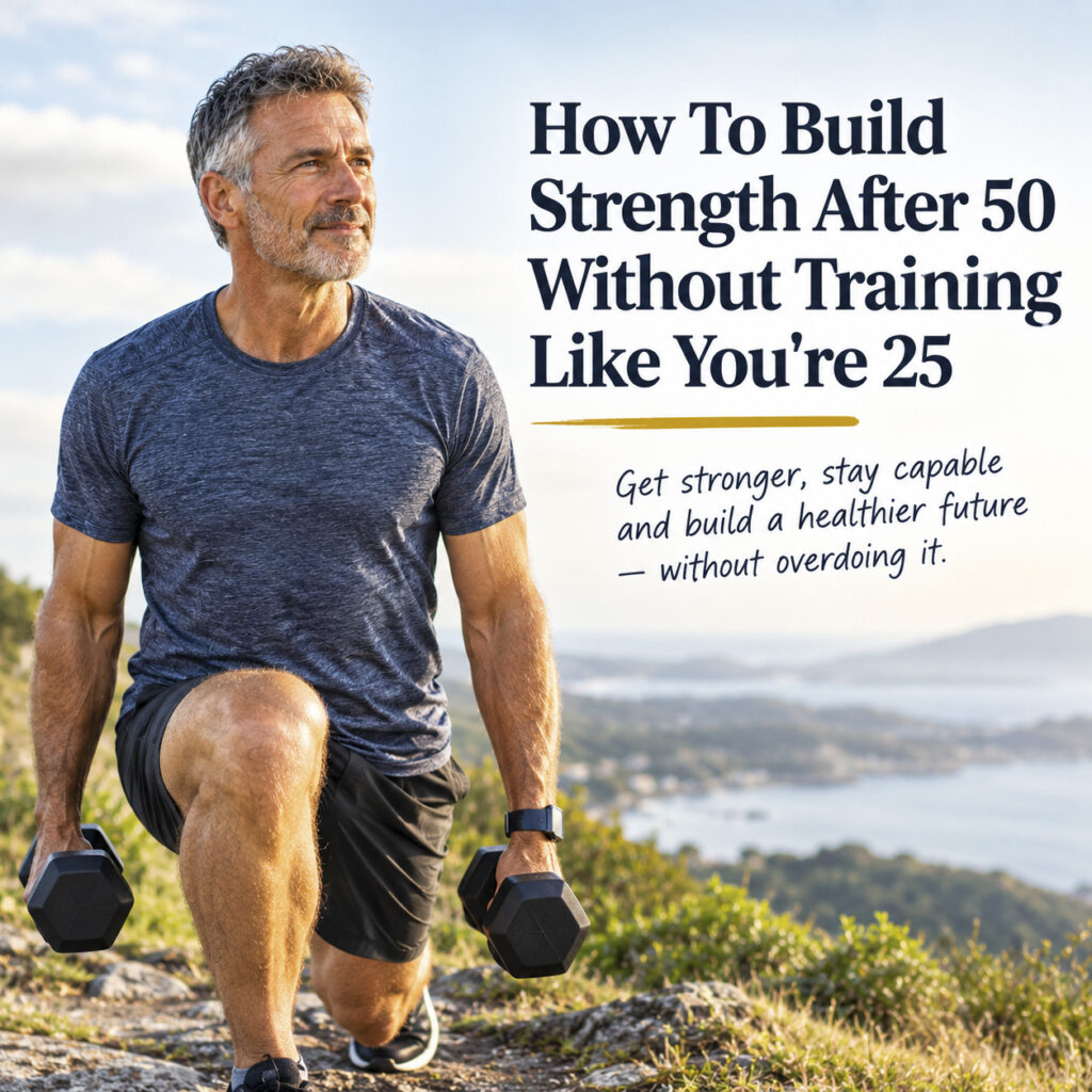 Fit mature man lunging outdoors on a scenic hilltop while holding dumbbells, with text overlay reading "How To Build Strength After 50 Without Training Like You're 25."