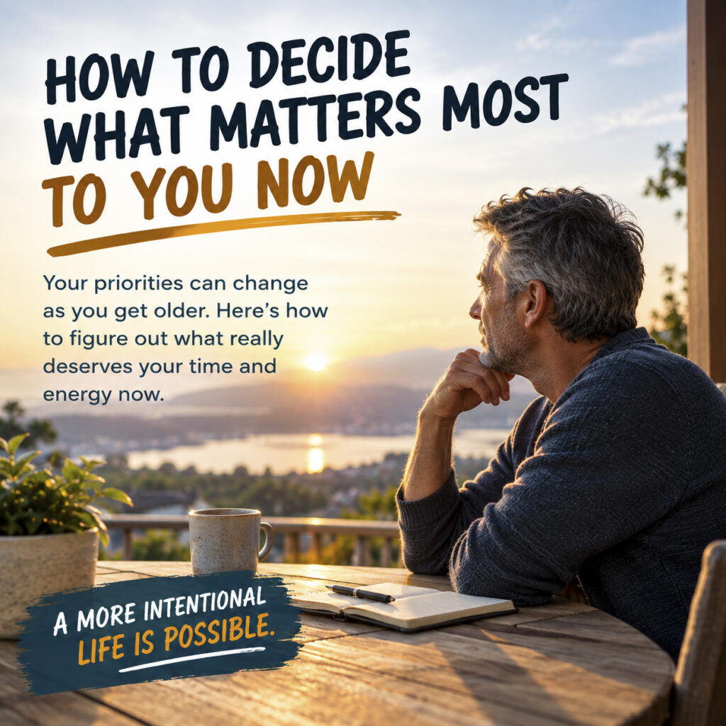 Man sitting at a wooden patio table with a notebook and coffee mug looking out at a scenic mountain sunset, with text reading "How to decide what matters most to you now."
