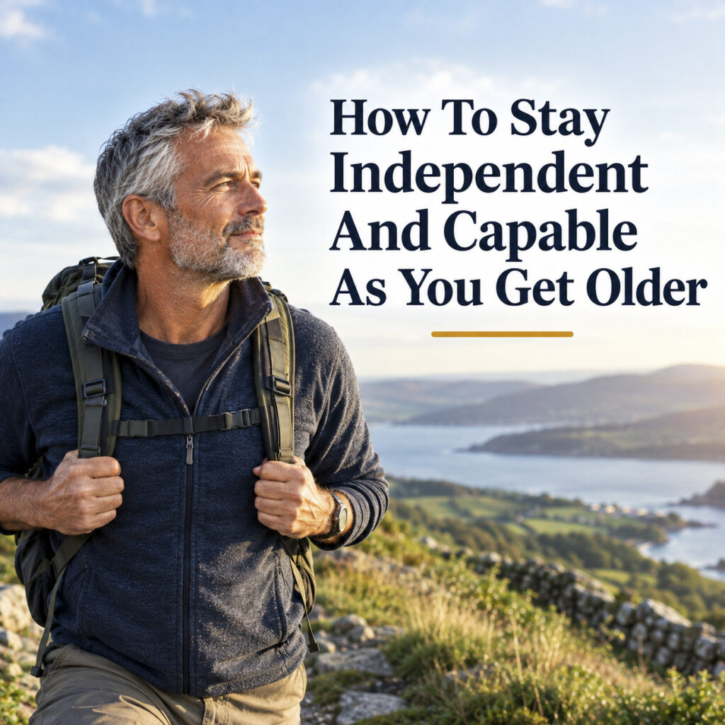 Active mature man wearing a backpack hiking outdoors on a scenic coastal hilltop at sunset with text reading "How To Stay Independent And Capable As You Get Older."