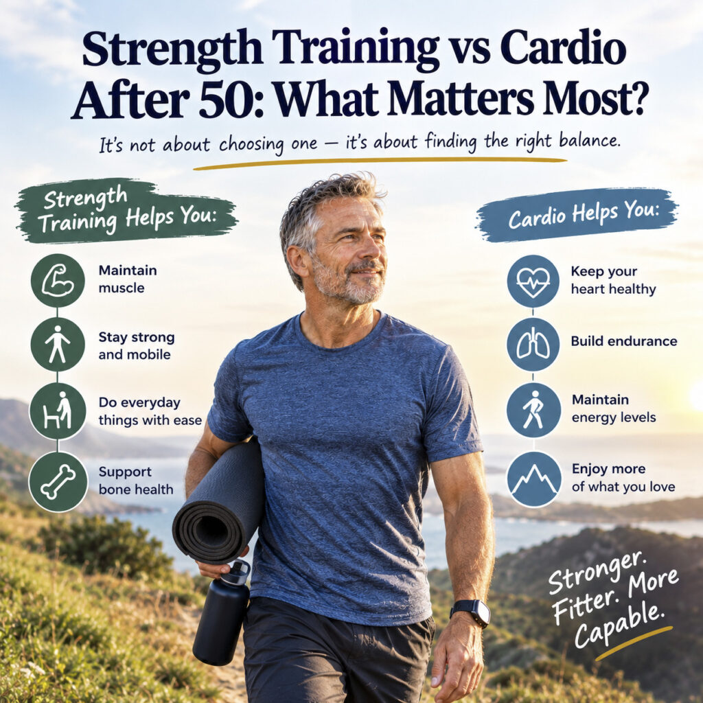 Fit mature man carrying a yoga mat and water bottle outdoors on a coastal path, comparing the benefits of strength training and cardio for men over 50.