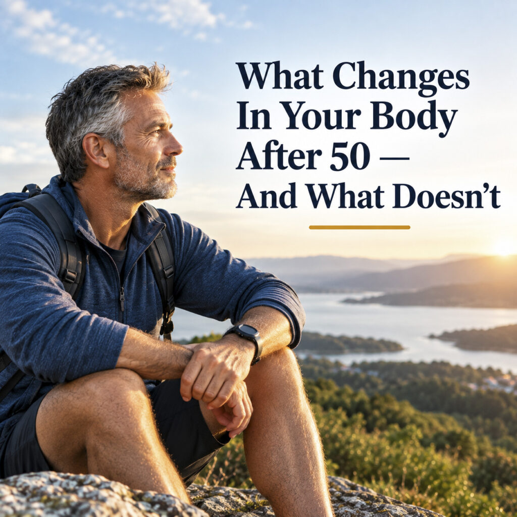 Fit mature man with graying hair sitting on a rocky hilltop, looking out over a mountain landscape at sunset with text reading "What Changes In Your Body After 50 — And What Doesn't."