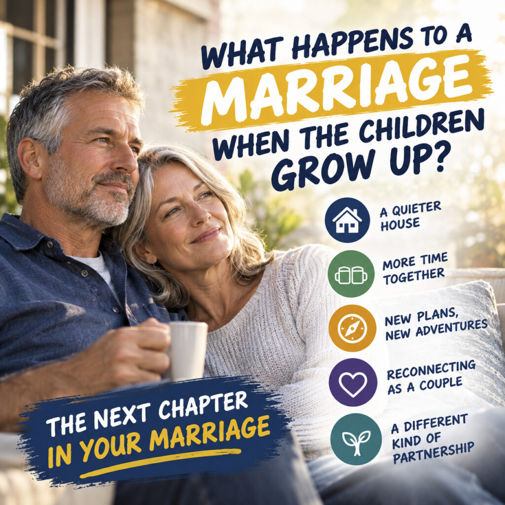 Mature couple relaxing outdoors together on a porch sofa with coffee, featuring infographic text about what happens to a marriage when children grow up.