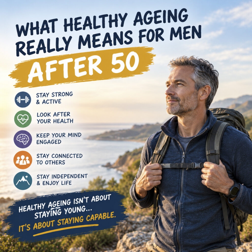 Fit mature man with a hiking backpack standing on a coastal mountain trail overlooking the sea, featuring infographic text on healthy ageing after 50.