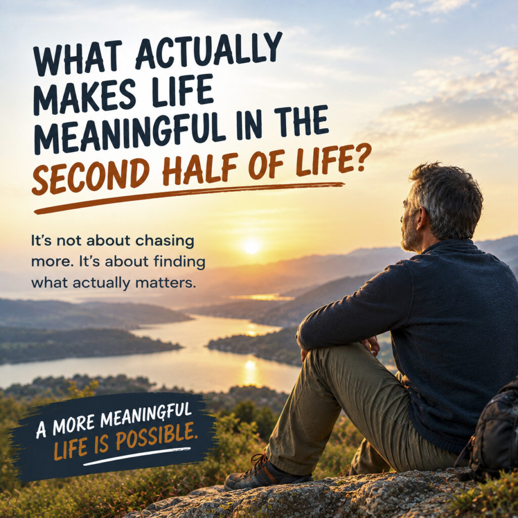 Man sitting on a mountain summit overlooking a winding river valley at sunset with text asking "What actually makes life meaningful in the second half of life?"