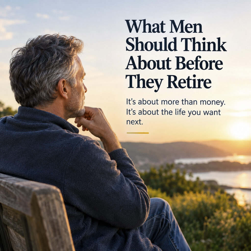 Thoughtful mature man sitting on a wooden bench overlooking a coastal sunset with text reading "What Men Should Think About Before They Retire."