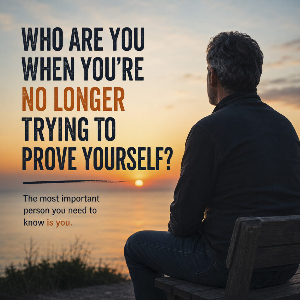 Man sitting on a wooden bench looking at a sunset over the water with text asking "Who are you when you're no longer trying to prove yourself?"