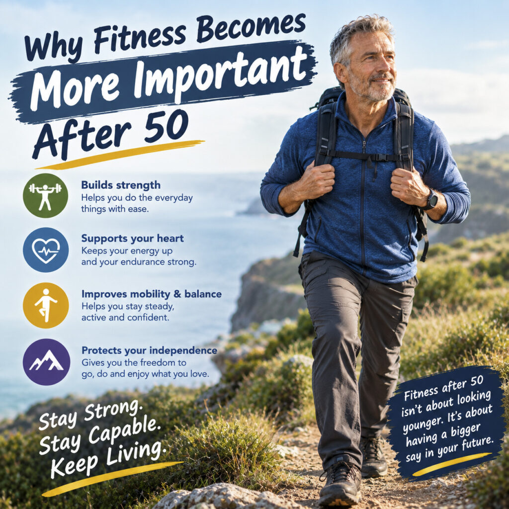 Fit mature man hiking uphill with a backpack on a scenic coastal trail, featuring text and icons on why fitness matters more after 50.