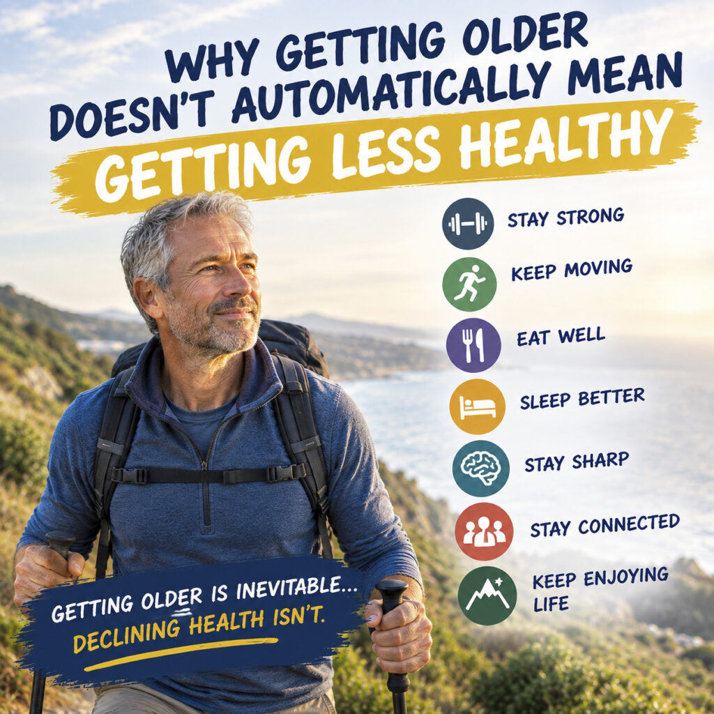 Fit mature man hiking with trekking poles along a coastal trail with text asking "Why getting older doesn't automatically mean getting less healthy."