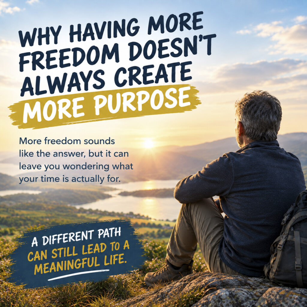 Man sitting on a mountain summit with a backpack looking over a lakescape at sunset with text asking "Why having more freedom doesn't always create more purpose."