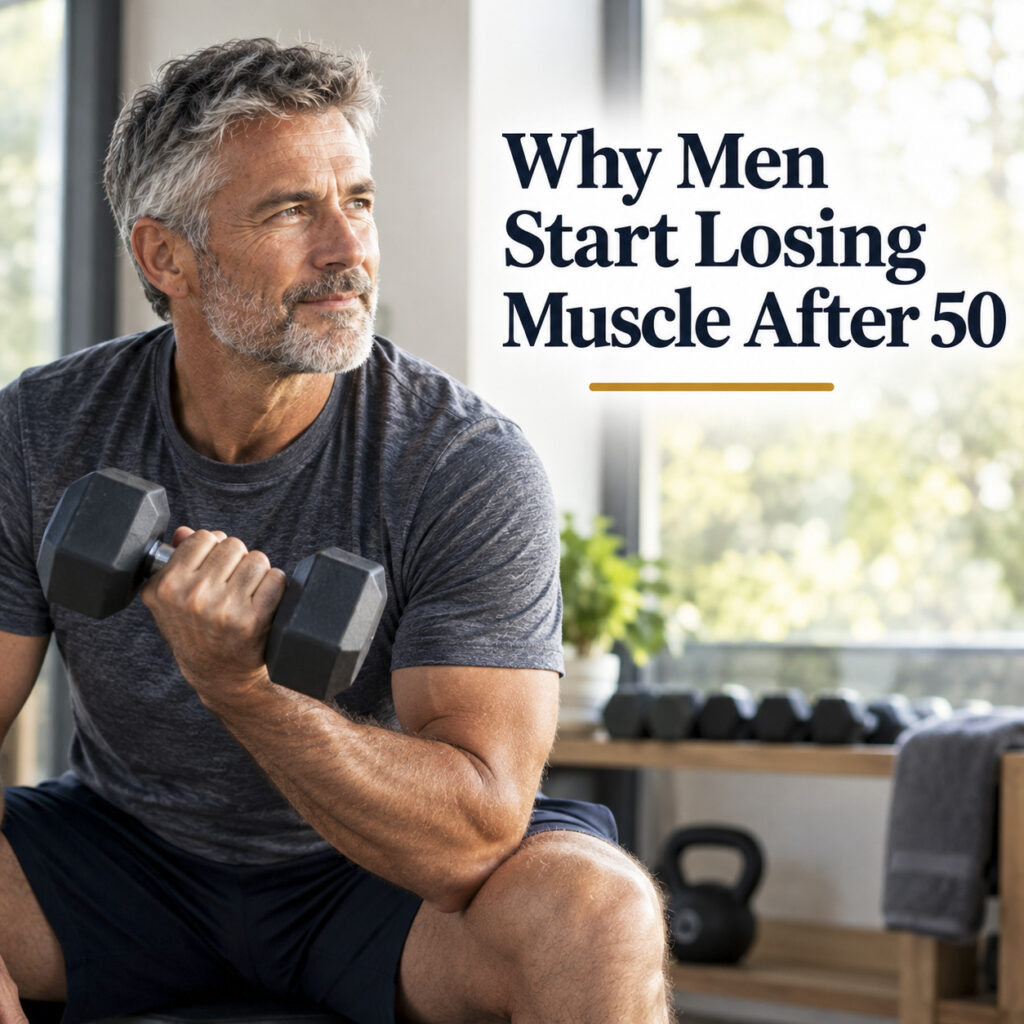 Fit mature man lifting a dumbbell indoors in a gym setting with text overlay reading "Why Men Start Losing Muscle After 50."