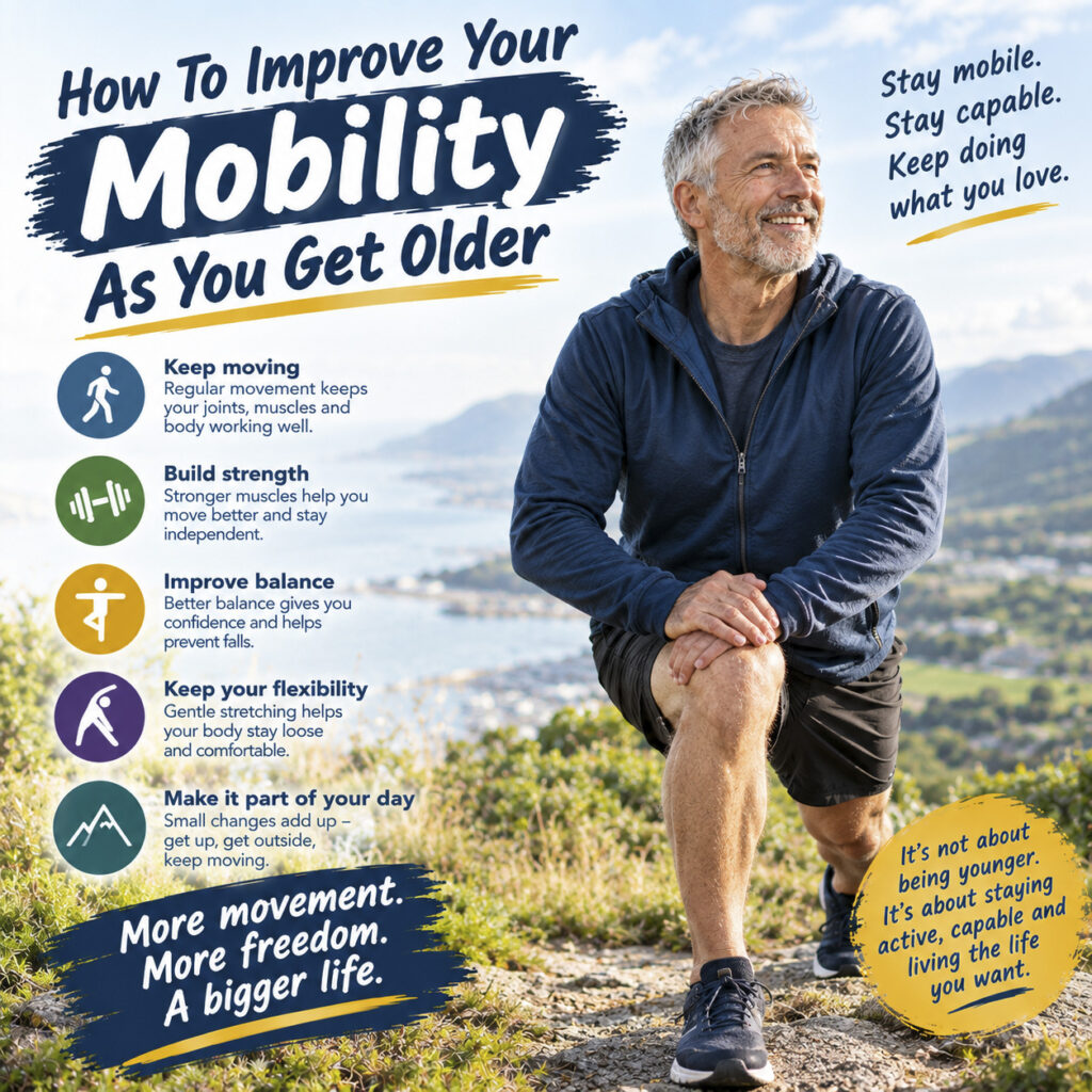 Fit mature man stretching outdoors on a scenic coastal ridge, with text and icons outlining ways to improve mobility as you age.