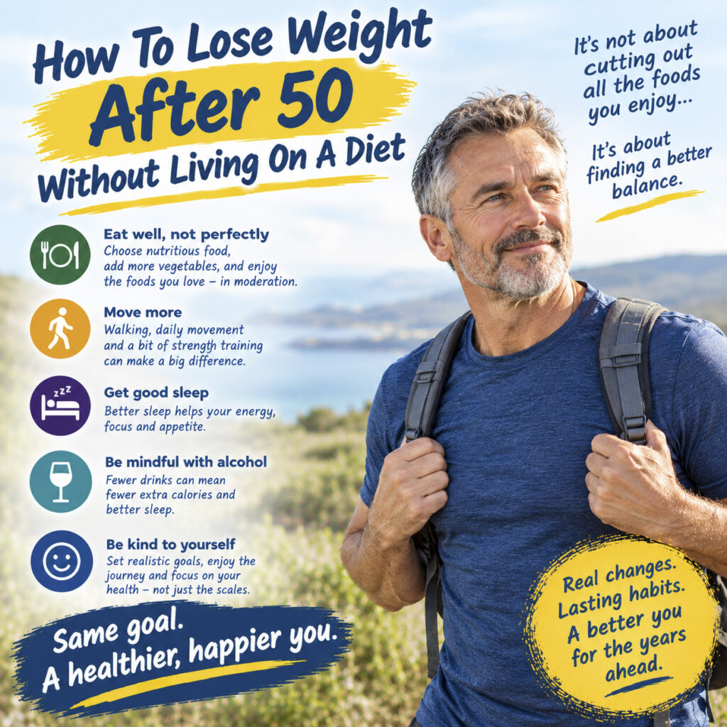 Fit mature man hiking outdoors on a sunny coastal trail with a backpack, featuring text and icons on how to lose weight after 50 without dieting.