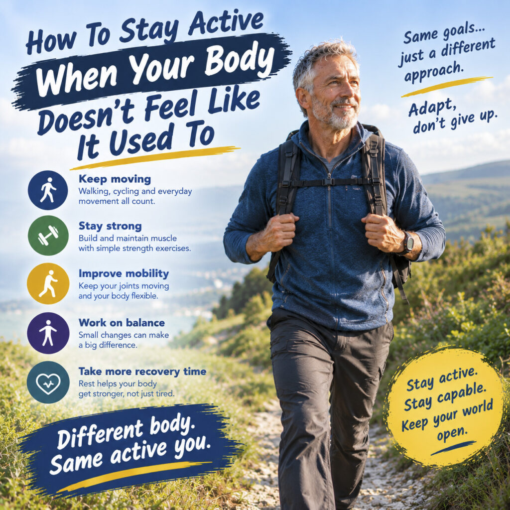 Fit mature man hiking outdoors on a sunny coastal trail with a backpack, featuring text and icons on how to stay active when your body changes.