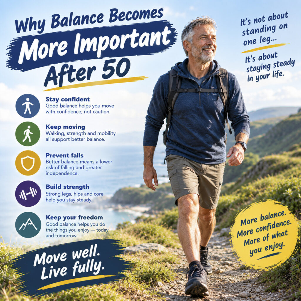Fit mature man hiking outdoors on a sunny coastal trail with a backpack, featuring text and icons on why balance becomes more important after 50.