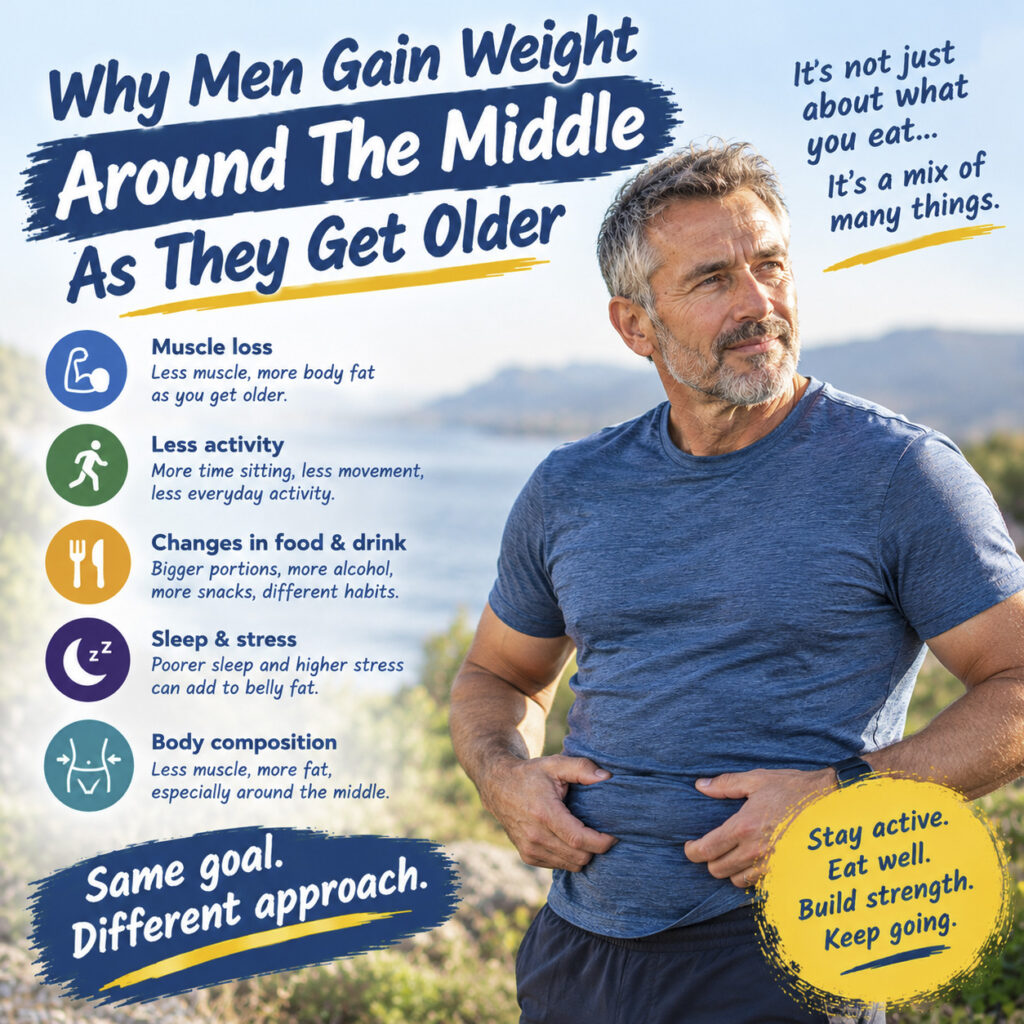 Mature man standing outdoors against a scenic backdrop, gesturing toward his midsection, with text and icons explaining why men gain weight around the middle as they age.