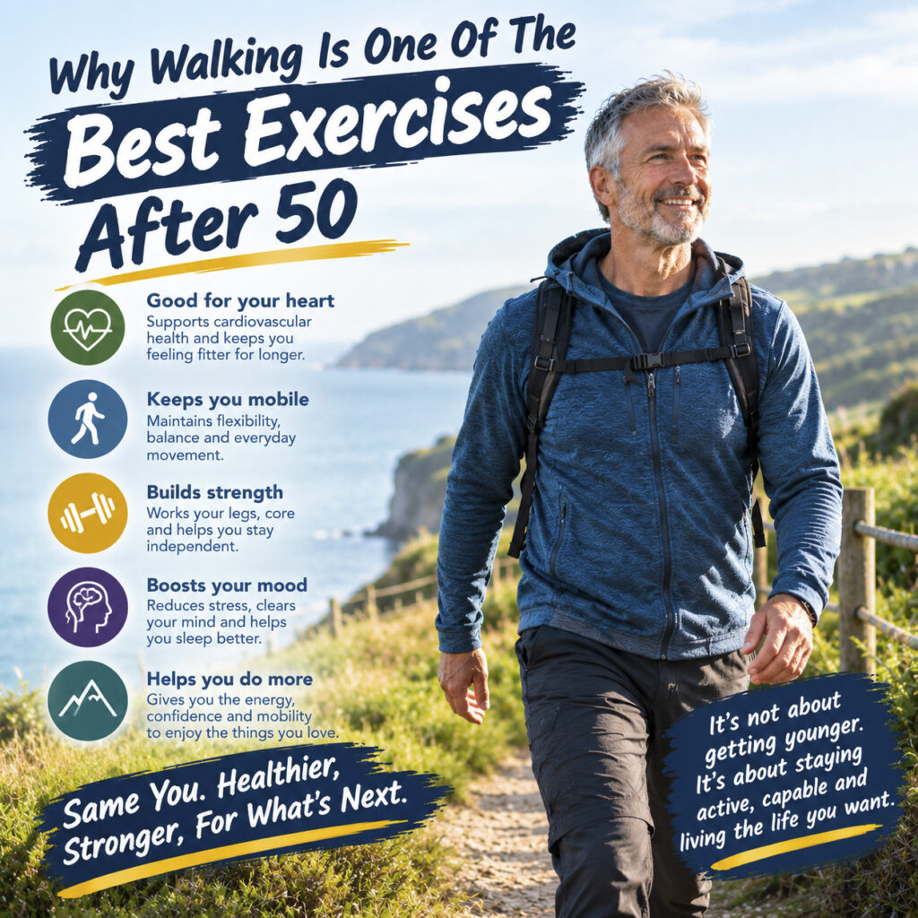 Fit mature man walking outdoors on a sunny coastal path with a backpack, featuring text and icons on why walking is one of the best exercises after 50.